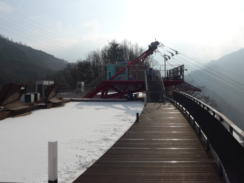 スカイウォーク乗り場への道、右側は谷が広がっており、かなりの高さです。