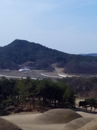 やや右寄り、山の方に這い上がるようにくねっているのが羅城のはず。