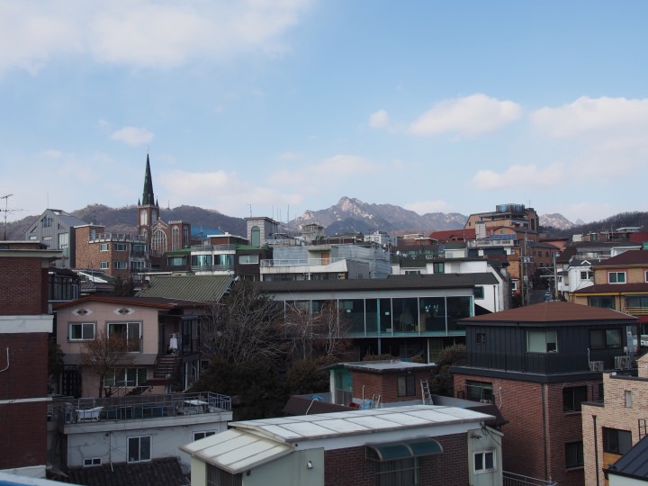 庭園からの眺め。北岳山が見える。