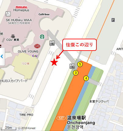 温泉場駅のバス停の位置。往復同じ場所で乗り降りすると思われる。203番、15分間隔。