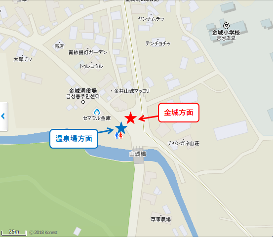 温泉場駅から14停留所、所要時間25分くらい、金城洞住民センター下車。