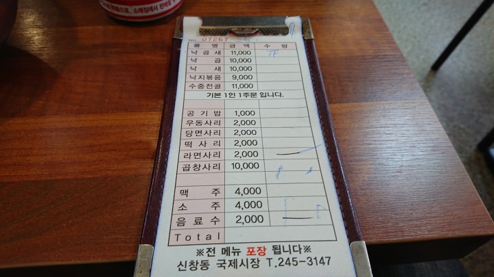 上から鍋(ナッコプセ)４人前、ラーメン１人前、ソフトドリンク１つ