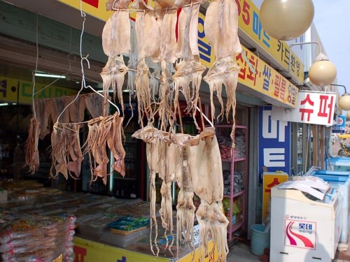 お土産屋さんには名物のイカがズラリと並びます。