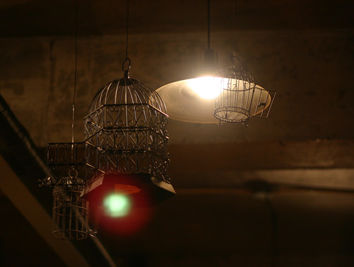 照明に照らされているのは、扉が開いた黒いメタルの鳥籠。まるで「自由に放たれた鳥」を表現しているようです。自由に気ままに…というメッセージでしょうか。