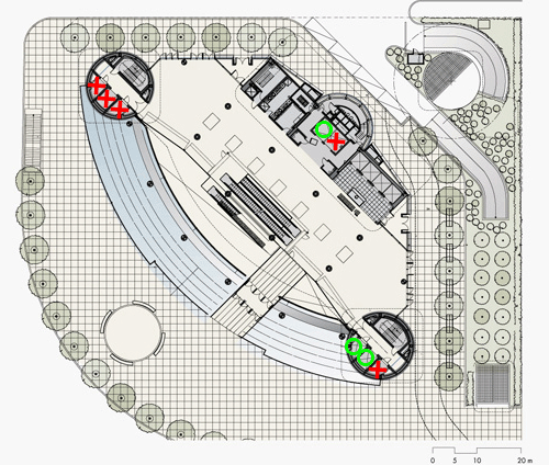緑〇が３３階まで行くエレベーター、　赤☓は行かないです。