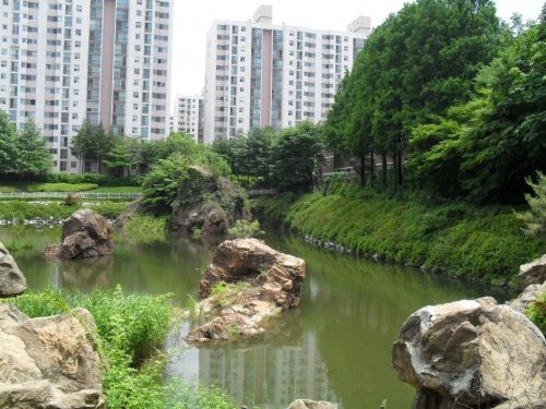 池の全景。周囲には高層アパート群